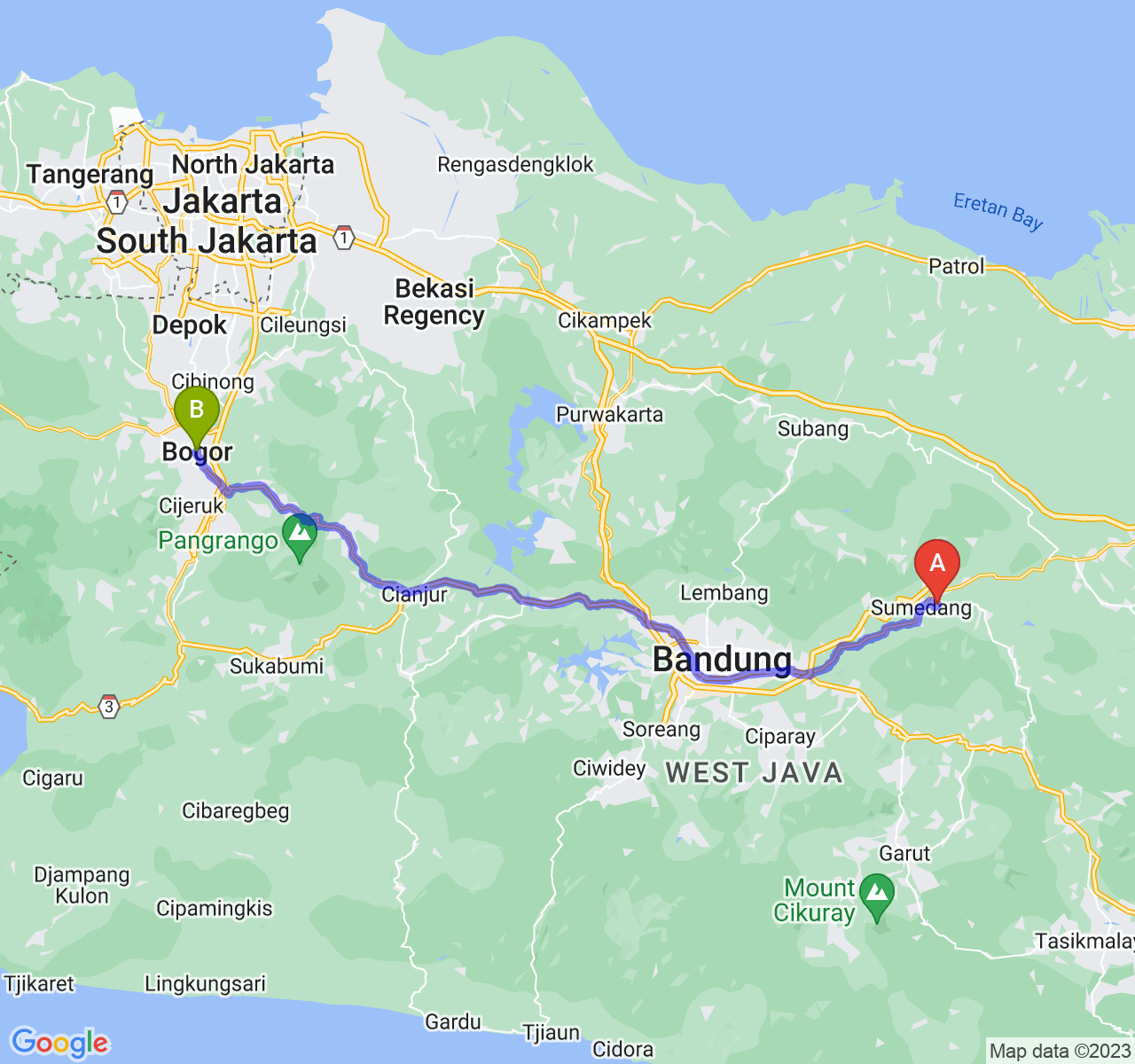 rute perjalanan Kab. Sumedang-Kota Bogor