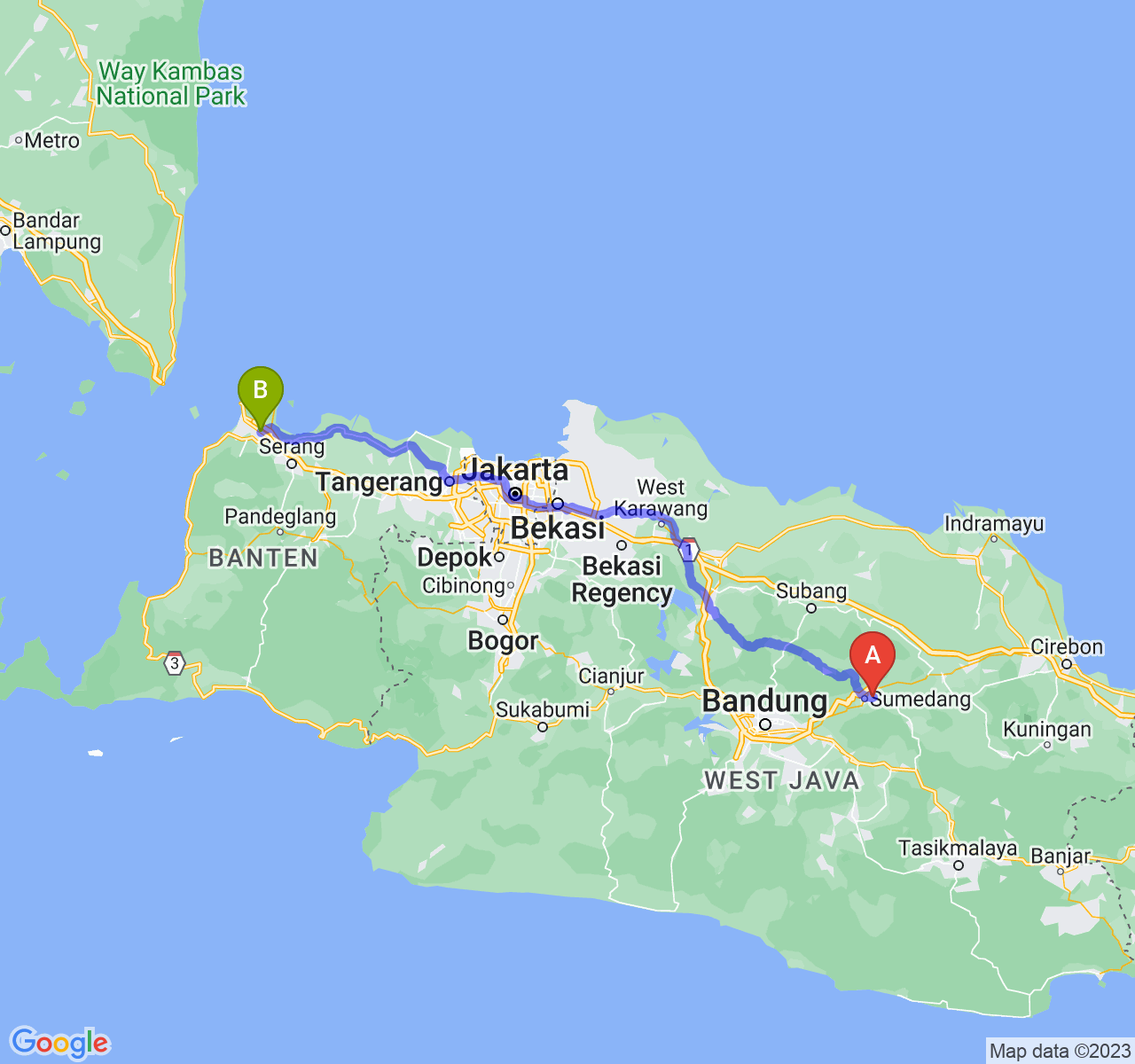 rute perjalanan Kab. Sumedang-Kota Cilegon