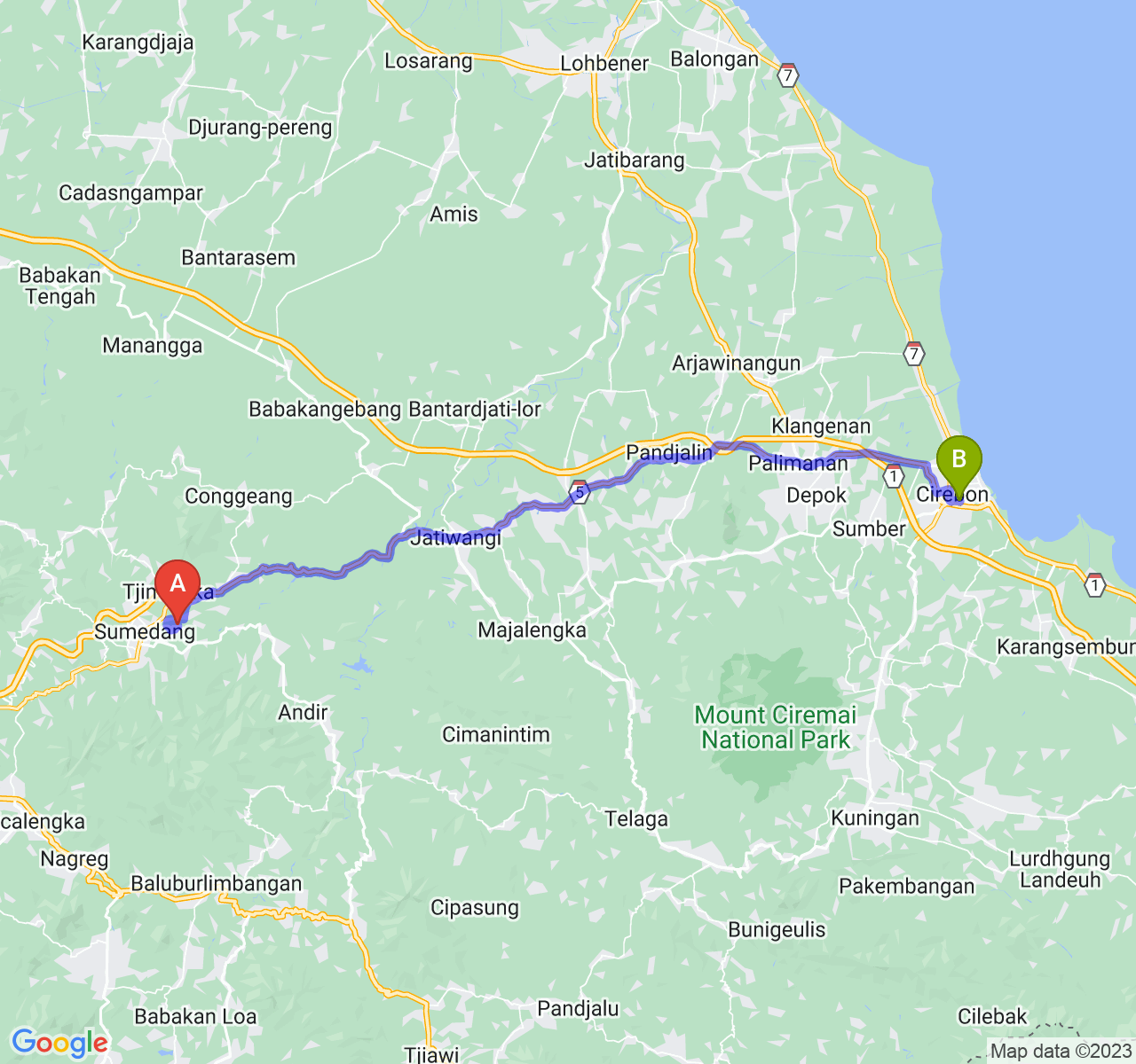 rute perjalanan Kab. Sumedang-Kota Cirebon