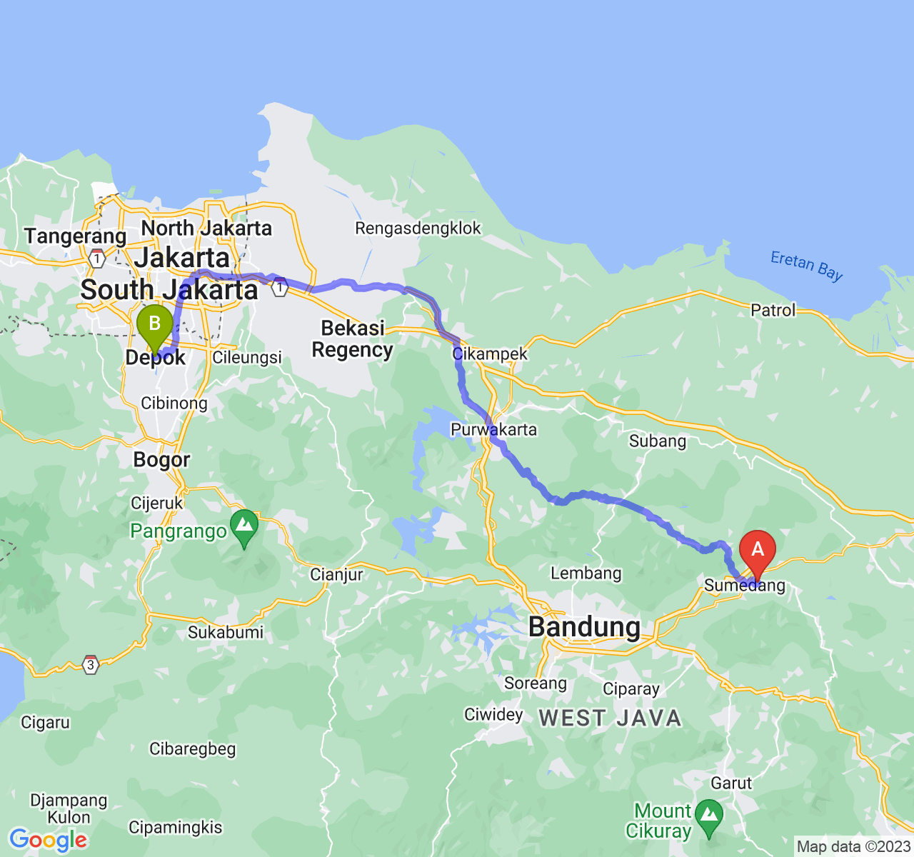 rute perjalanan Kab. Sumedang-Kota Depok