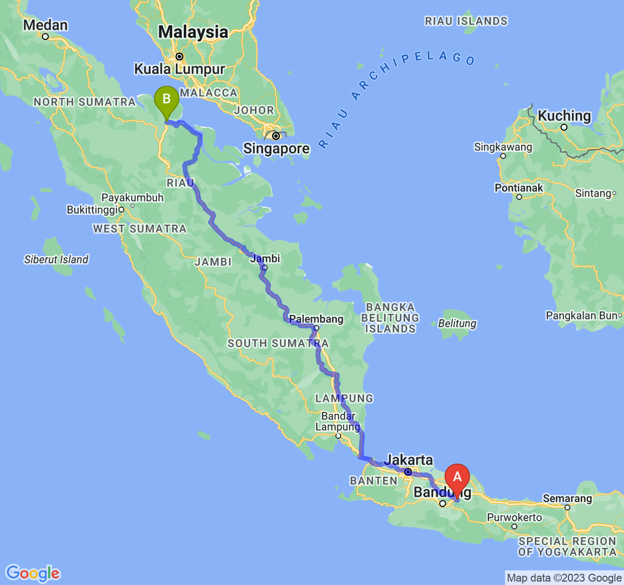 rute perjalanan Kab. Sumedang-Kota Dumai