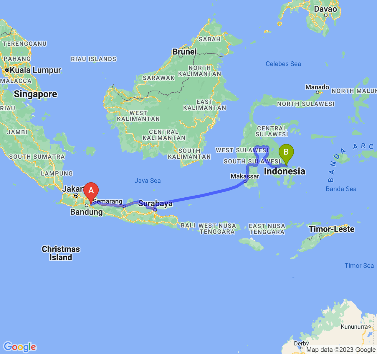 rute perjalanan Kab. Sumedang-Kota Kendari