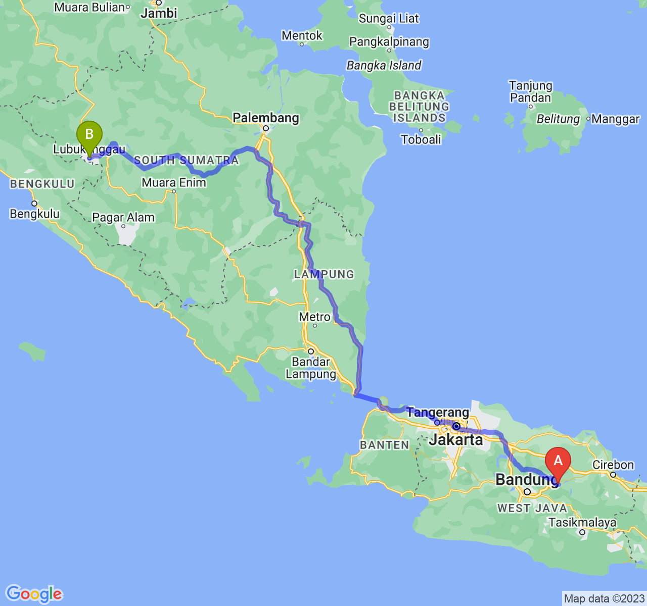 rute perjalanan Kab. Sumedang-Kota Lubuk Linggau