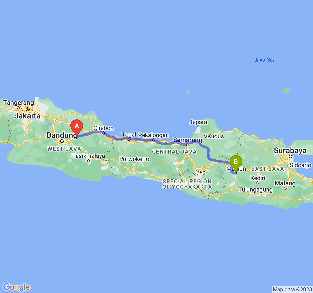 rute perjalanan Kab. Sumedang-Kota Madiun