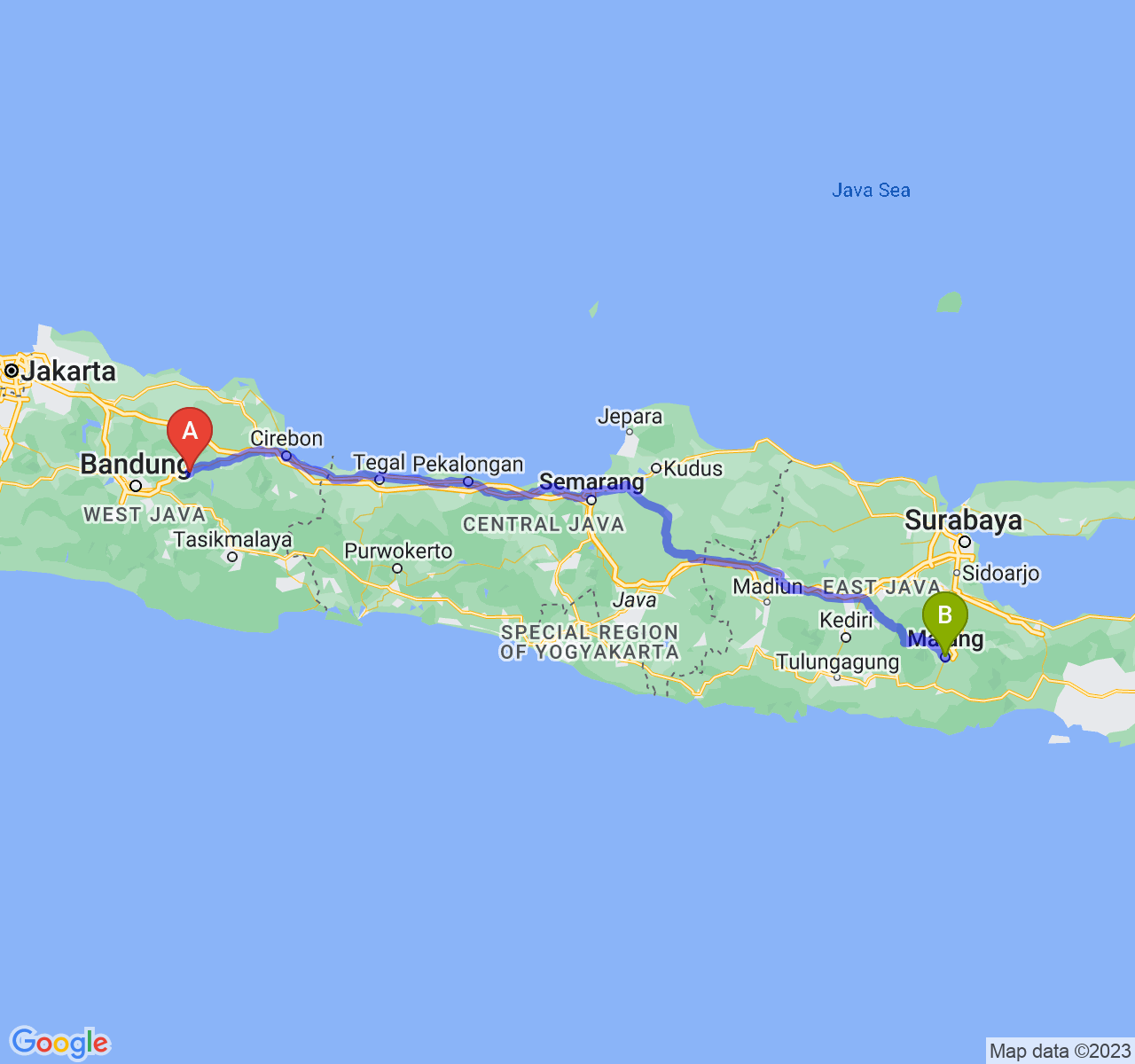 rute perjalanan Kab. Sumedang-Kota Malang