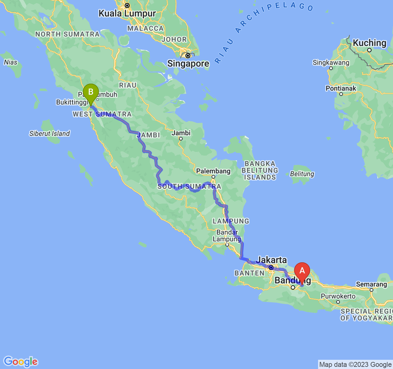 rute perjalanan Kab. Sumedang-Kota Padang Panjang