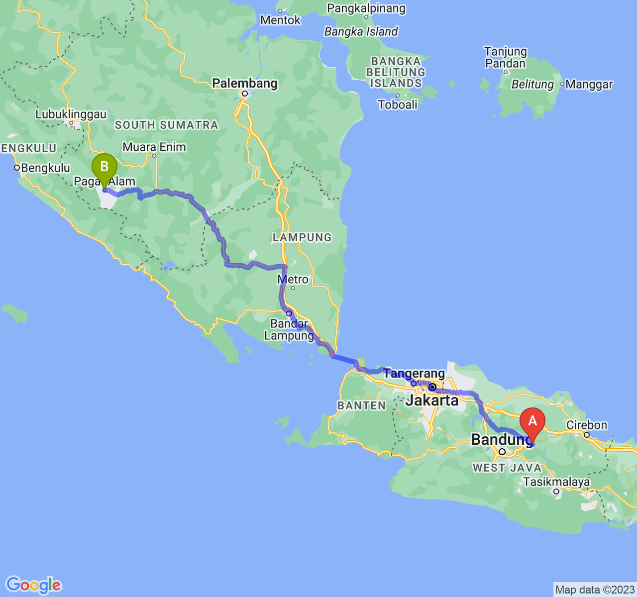 rute perjalanan Kab. Sumedang-Kota Pagar Alam