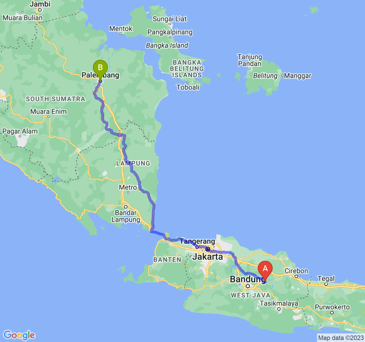 rute perjalanan Kab. Sumedang-Kota Palembang