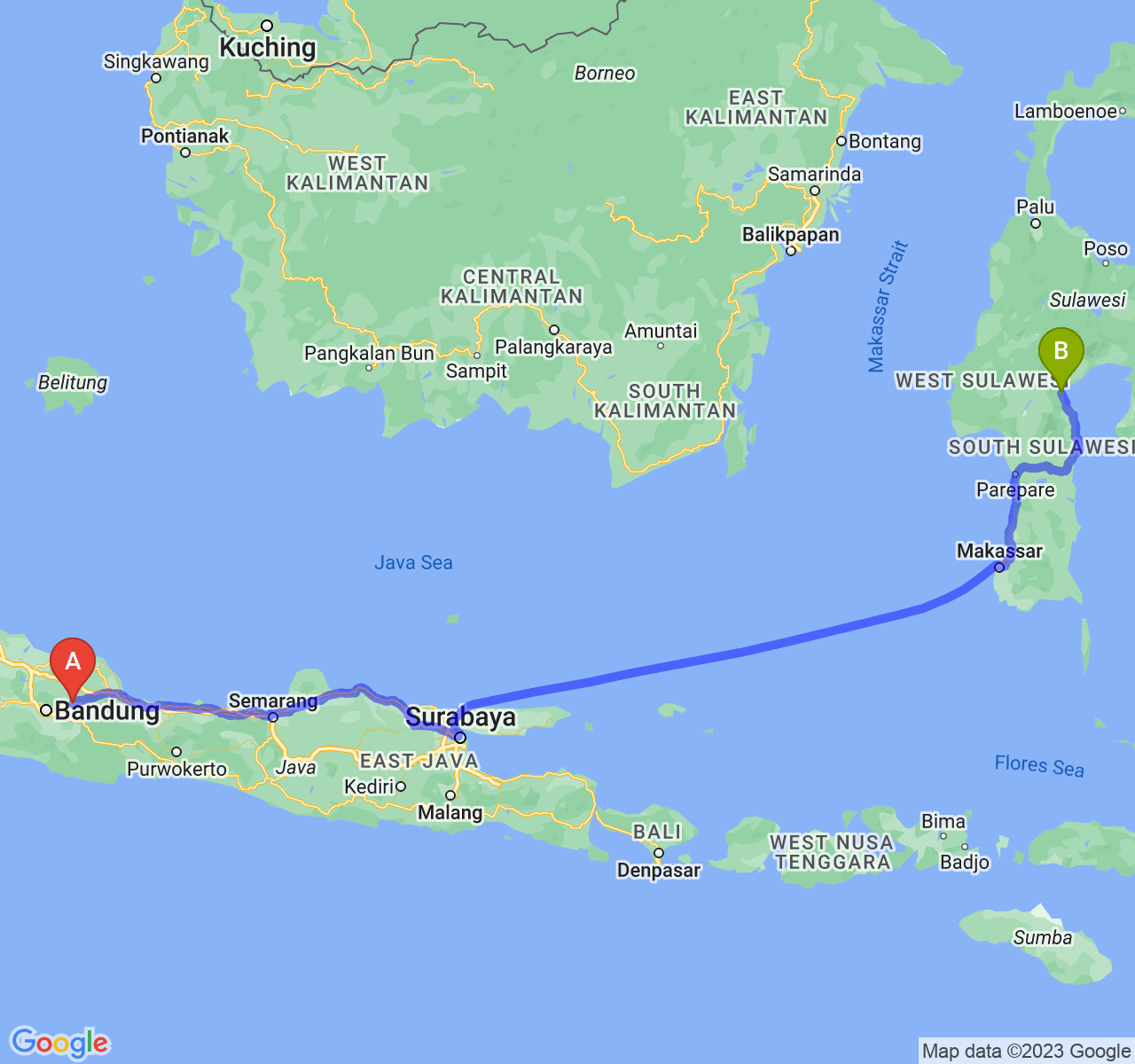 rute perjalanan Kab. Sumedang-Kota Palopo