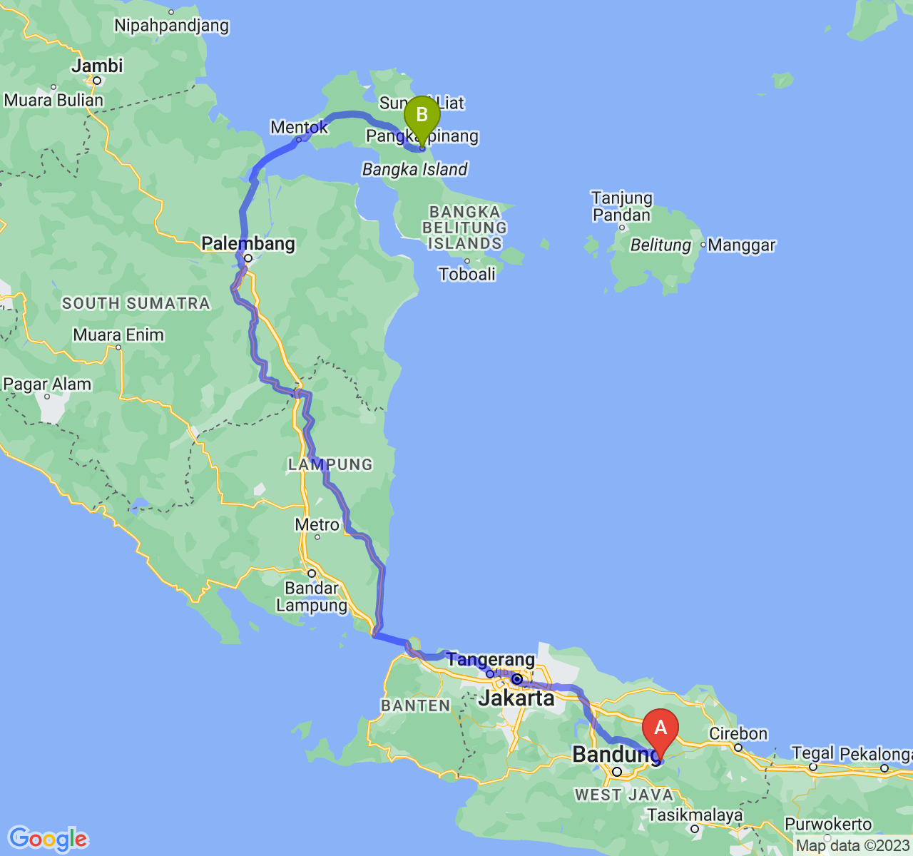 rute perjalanan Kab. Sumedang-Kota Pangkalpinang