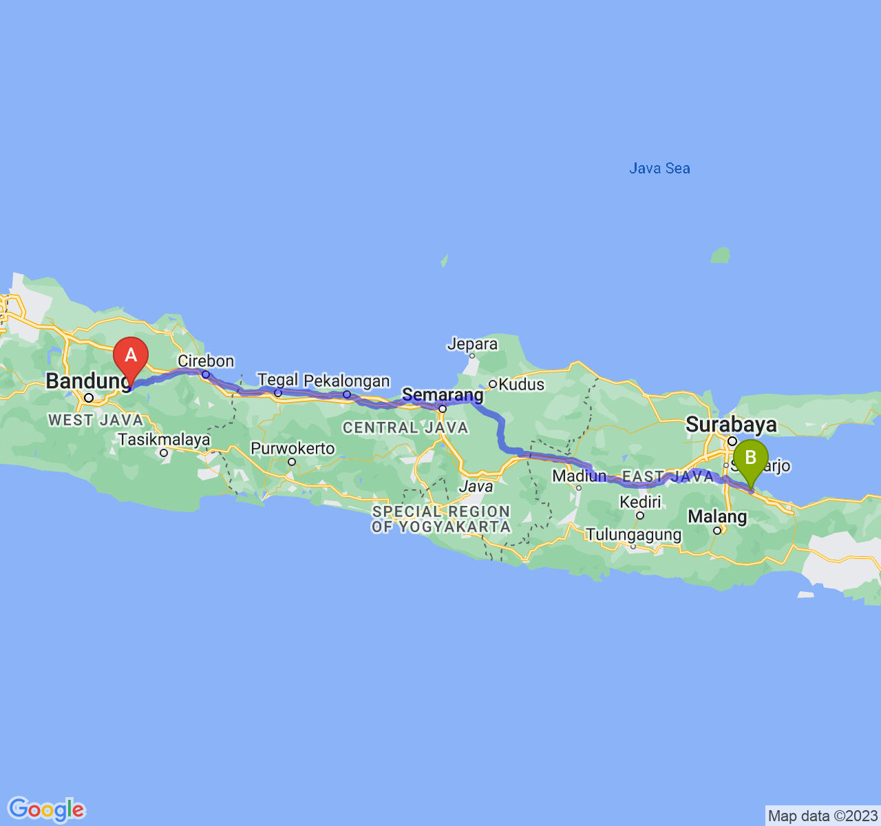 rute perjalanan Kab. Sumedang-Kota Pasuruan