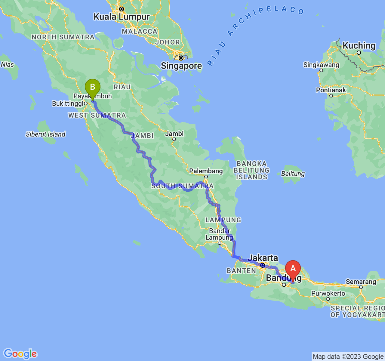 rute perjalanan Kab. Sumedang-Kota Payakumbuh