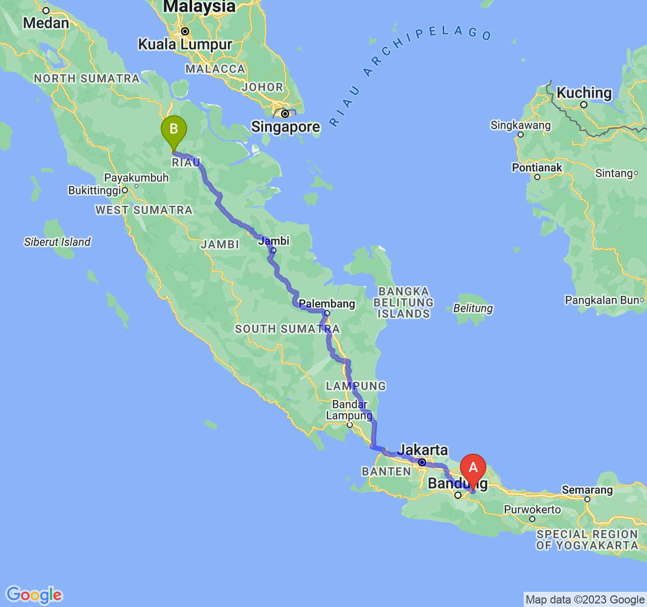 rute perjalanan Kab. Sumedang-Kota Pekanbaru