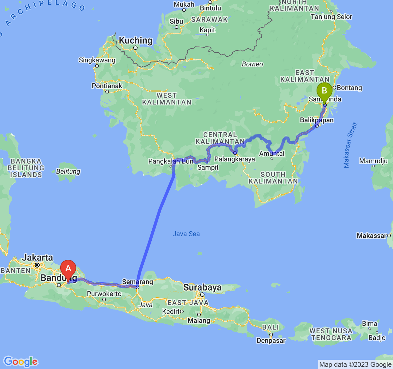 rute perjalanan Kab. Sumedang-Kota Samarinda