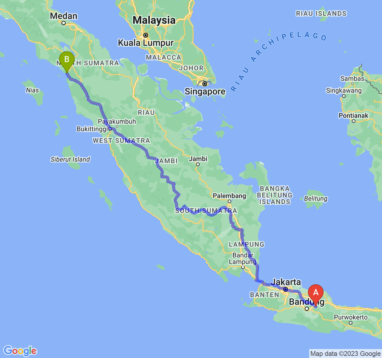 rute perjalanan Kab. Sumedang-Kota Sibolga