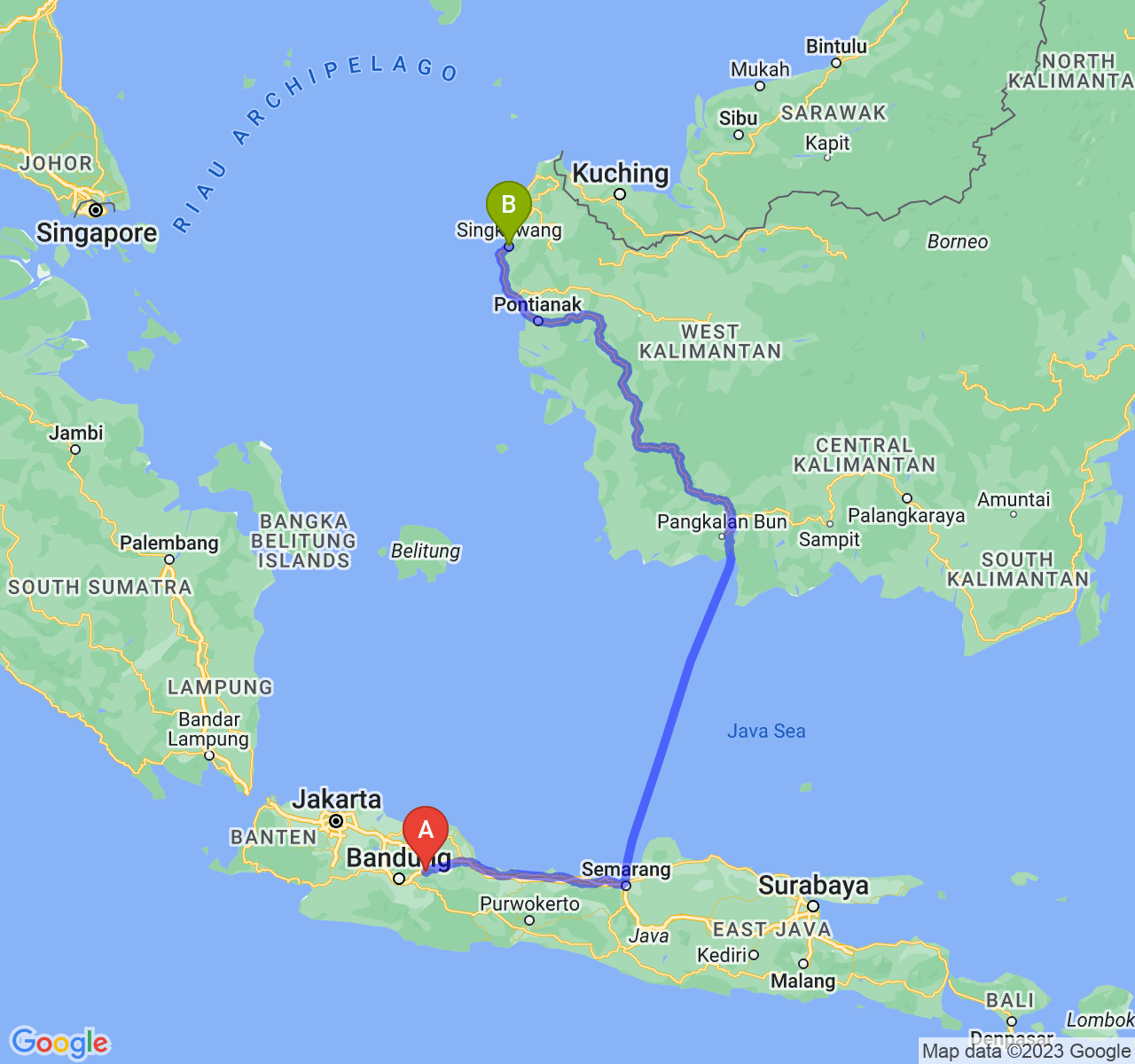 rute perjalanan Kab. Sumedang-Kota Singkawang