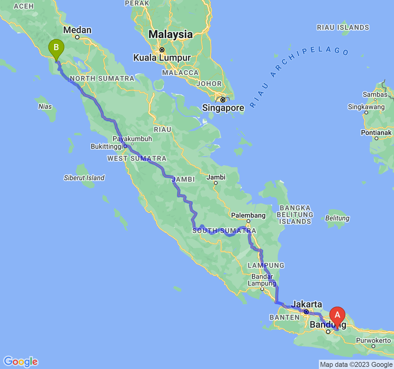 rute perjalanan Kab. Sumedang-Kota Subulussalam