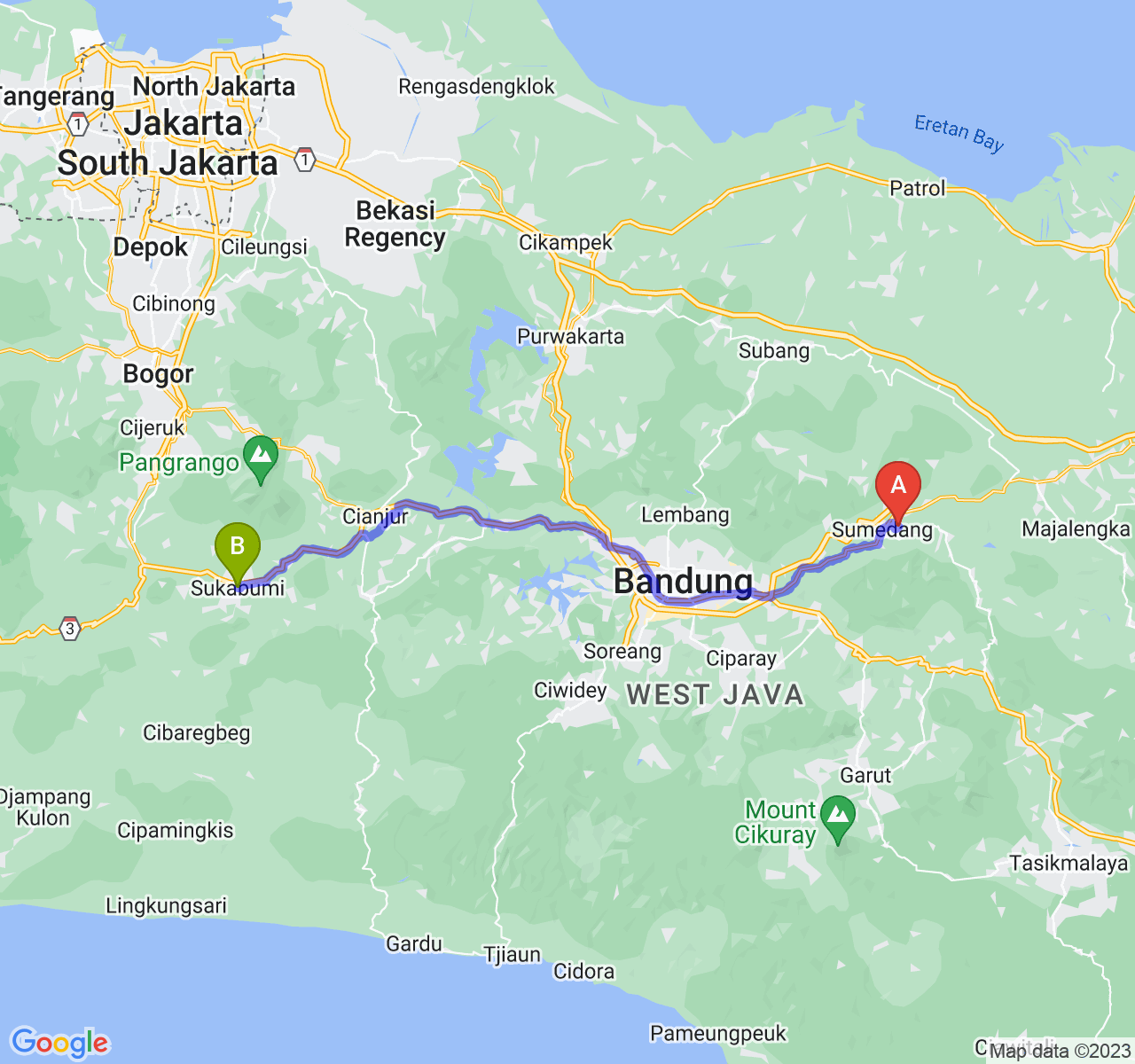 rute perjalanan Kab. Sumedang-Kota Sukabumi