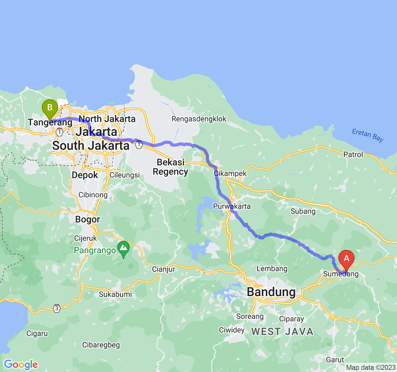 rute perjalanan Kab. Sumedang-Kota Tangerang