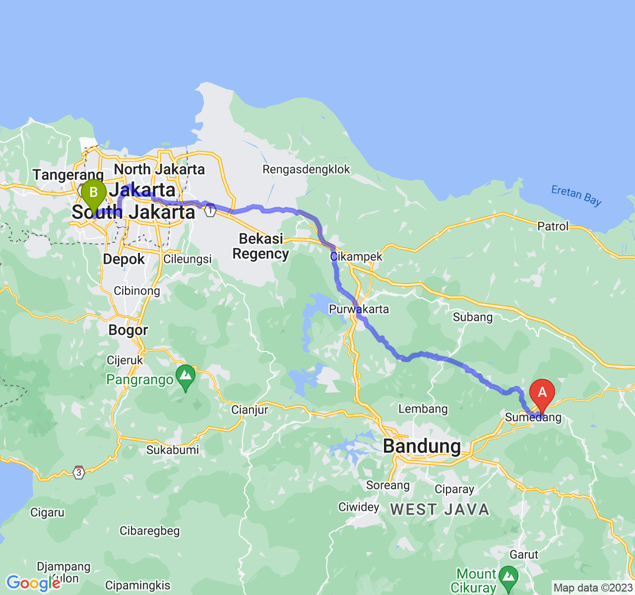 rute perjalanan Kab. Sumedang-Kota Tangerang Selatan