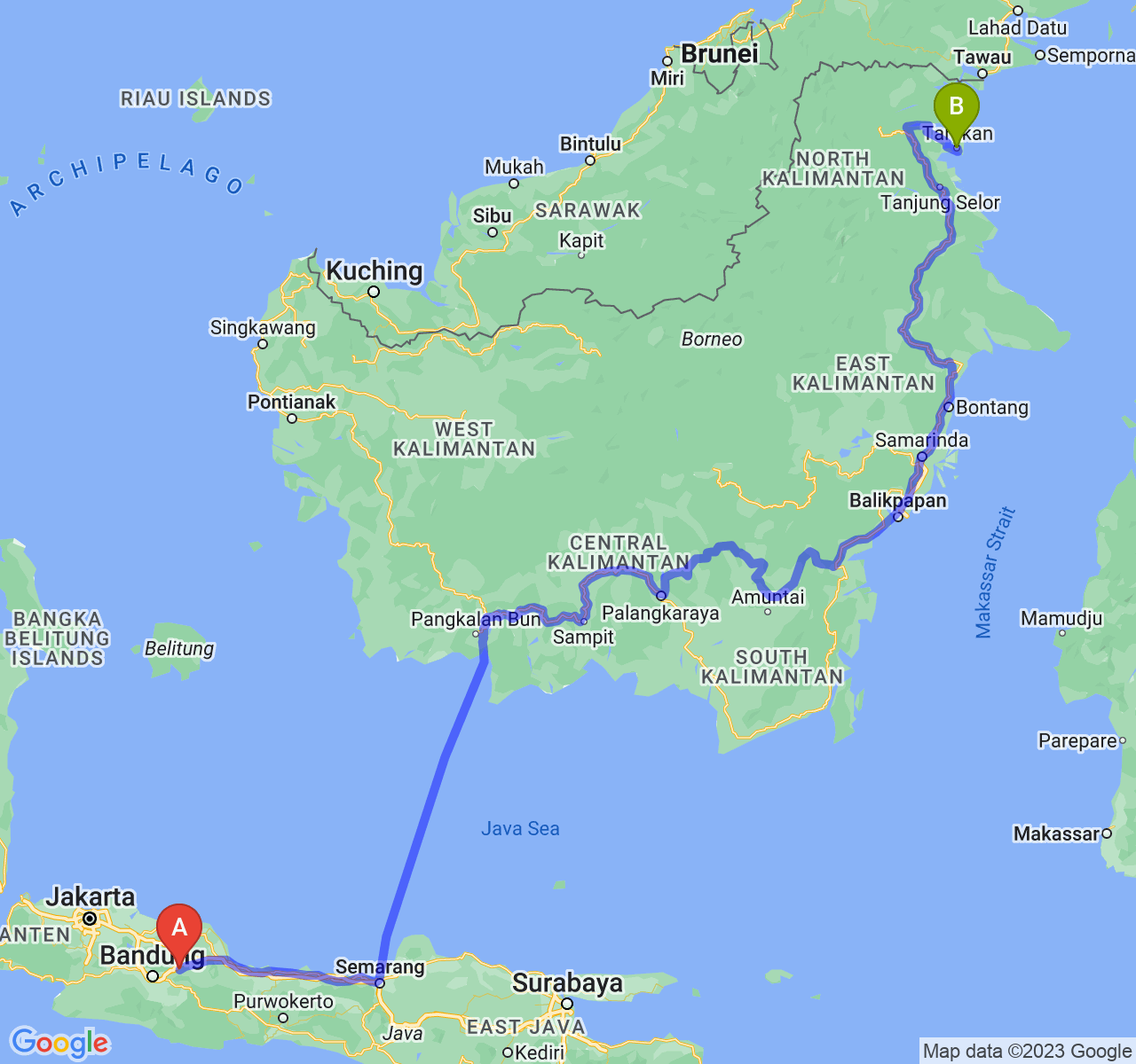 rute perjalanan Kab. Sumedang-Kota Tarakan