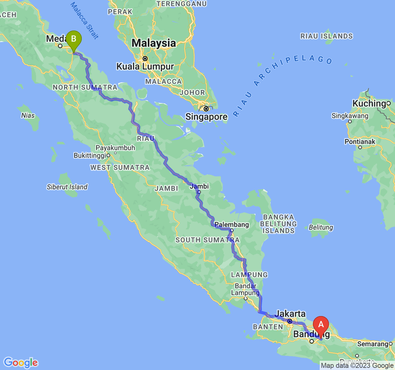 rute perjalanan Kab. Sumedang-Kota Tebing Tinggi