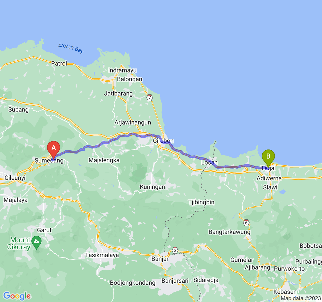 rute perjalanan Kab. Sumedang-Kota Tegal