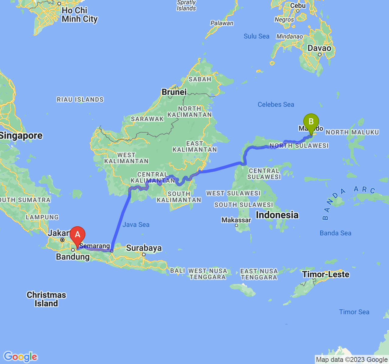 rute perjalanan Kab. Sumedang-Kota Tomohon