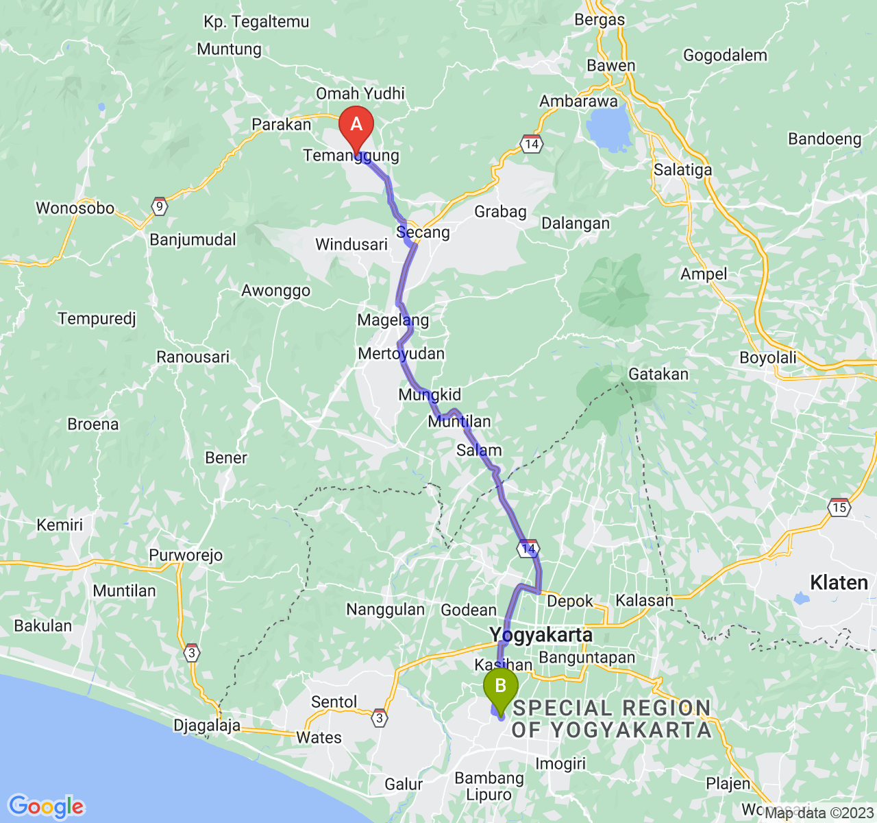 rute perjalanan Kab. Temanggung-Kab. Bantul