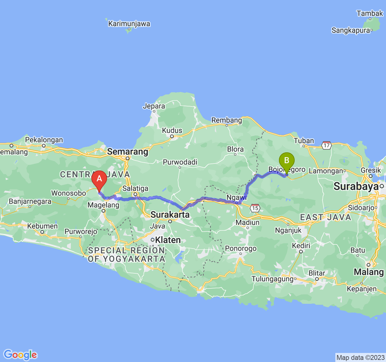 rute perjalanan Kab. Temanggung-Kab. Bojonegoro