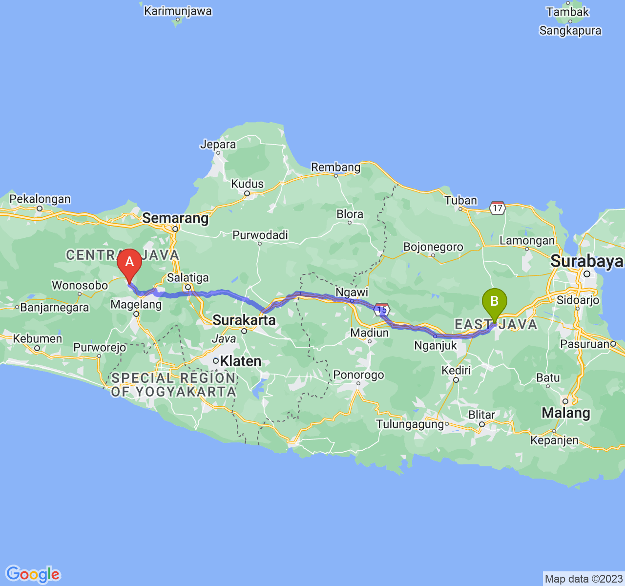 rute perjalanan Kab. Temanggung-Kab. Jombang