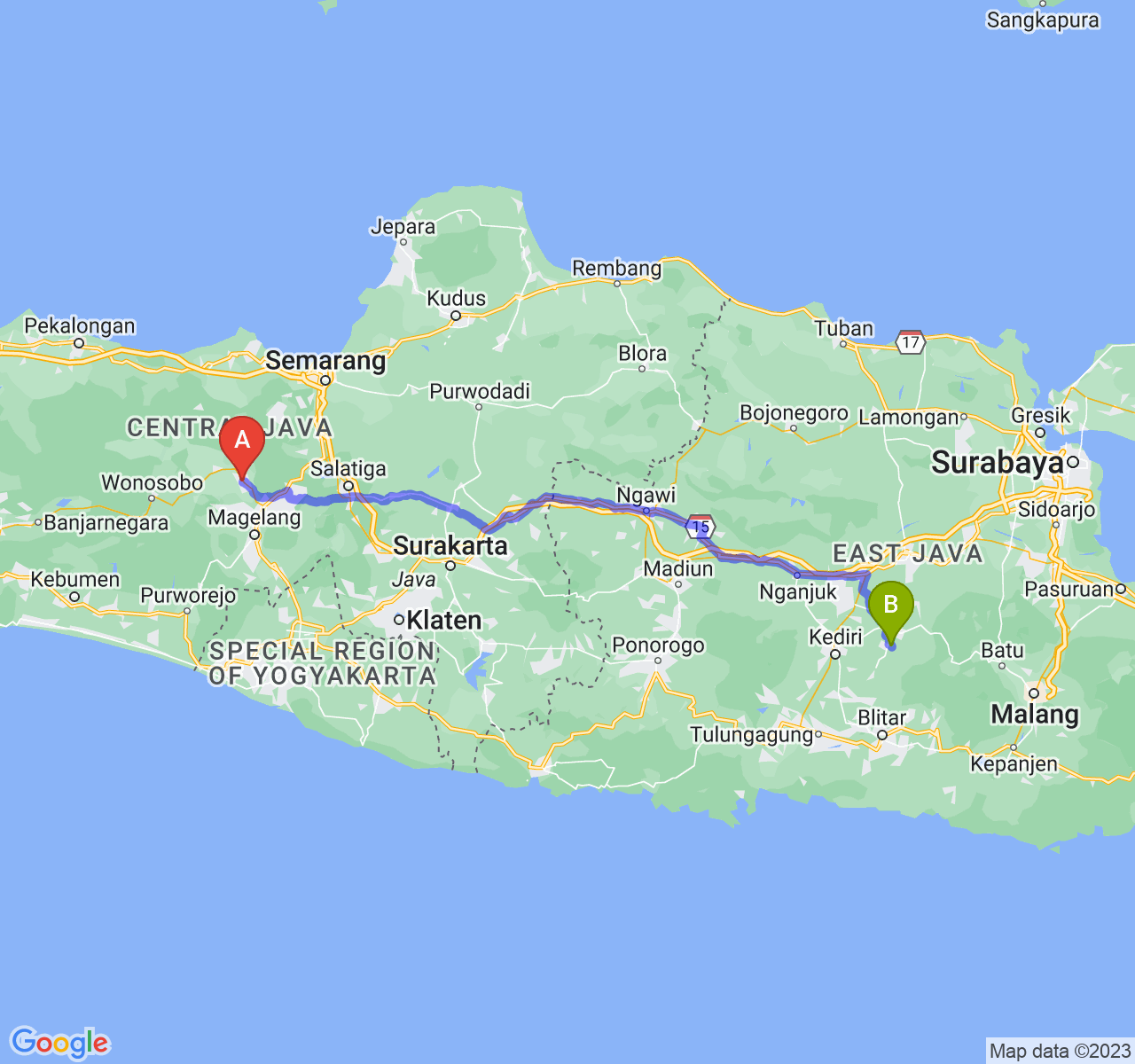 rute perjalanan Kab. Temanggung-Kab. Kediri