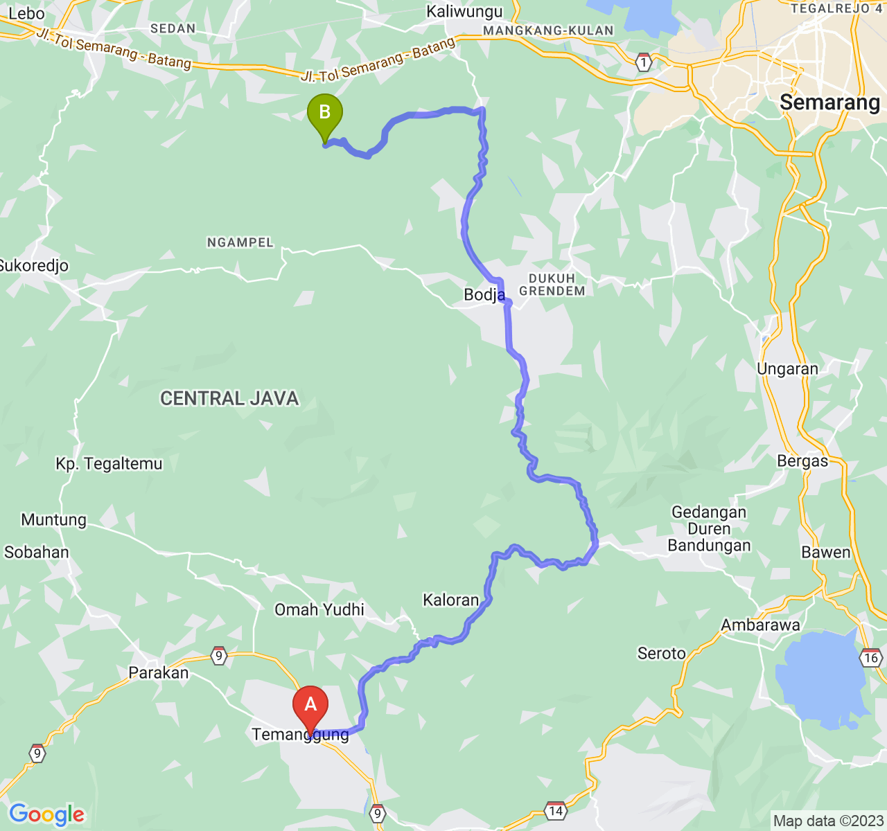 rute perjalanan Kab. Temanggung-Kab. Kendal