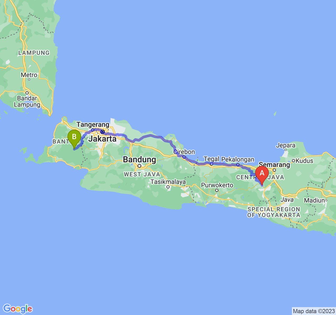 rute perjalanan Kab. Temanggung-Kab. Lebak