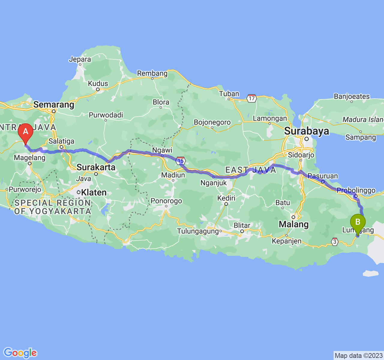 rute perjalanan Kab. Temanggung-Kab. Lumajang