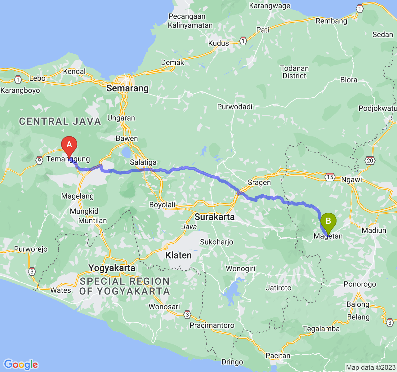 rute perjalanan Kab. Temanggung-Kab. Magetan