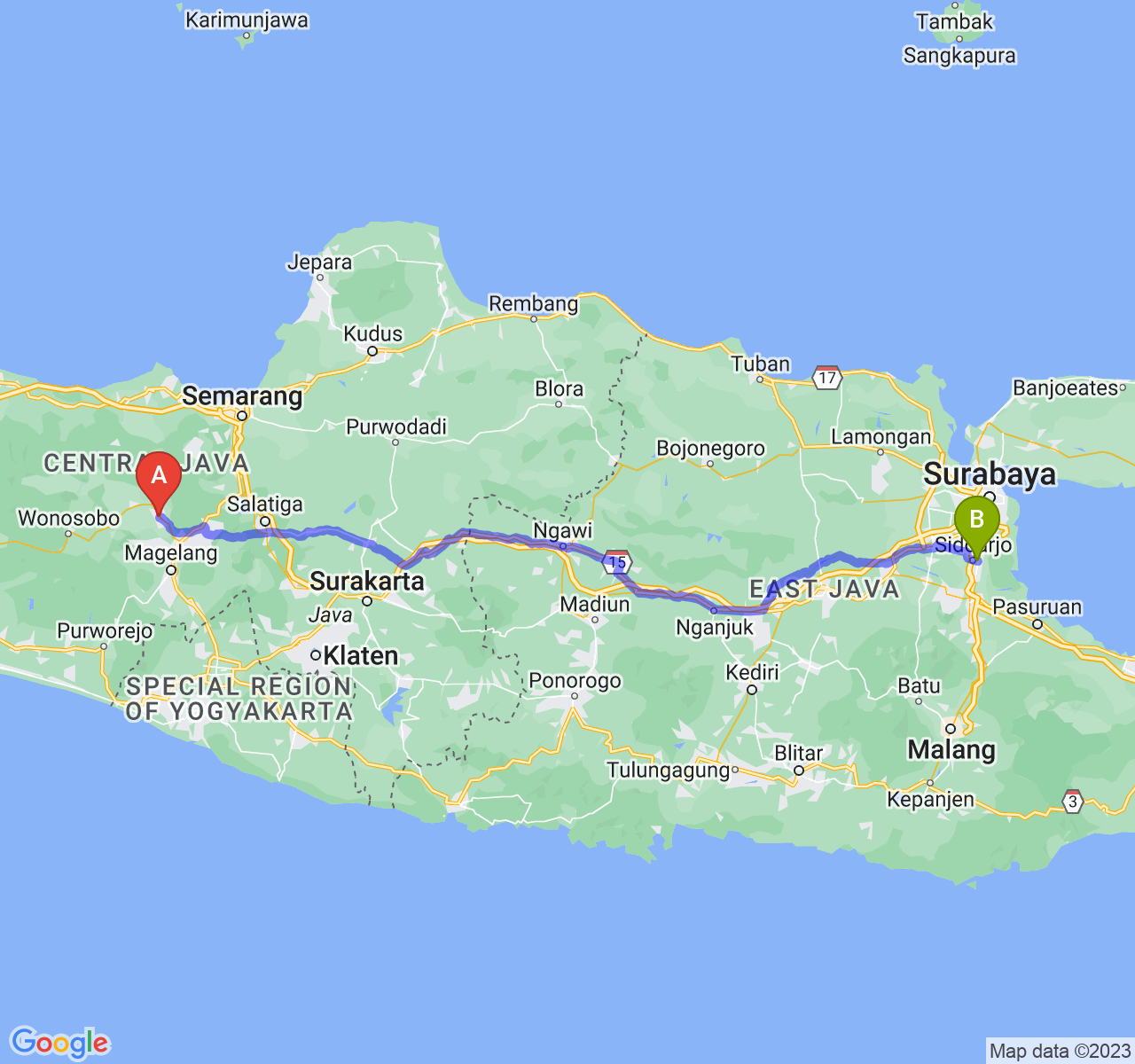 rute perjalanan Kab. Temanggung-Kab. Sidoarjo