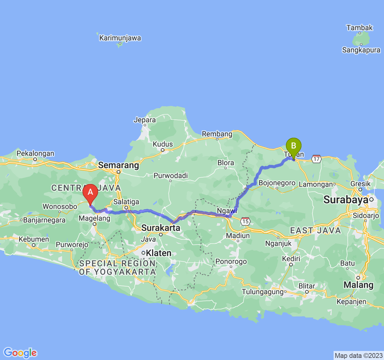 rute perjalanan Kab. Temanggung-Kab. Tuban