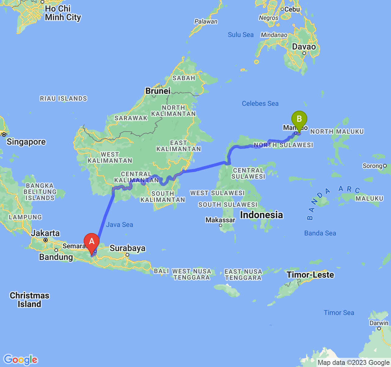 rute perjalanan Kab. Temanggung-Kota Bitung