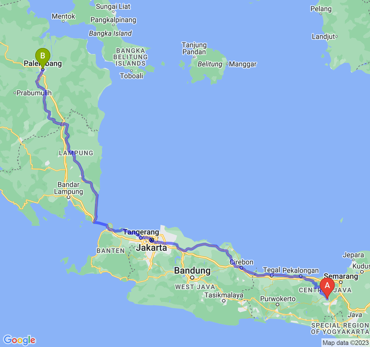 rute perjalanan Kab. Temanggung-Kota Palembang