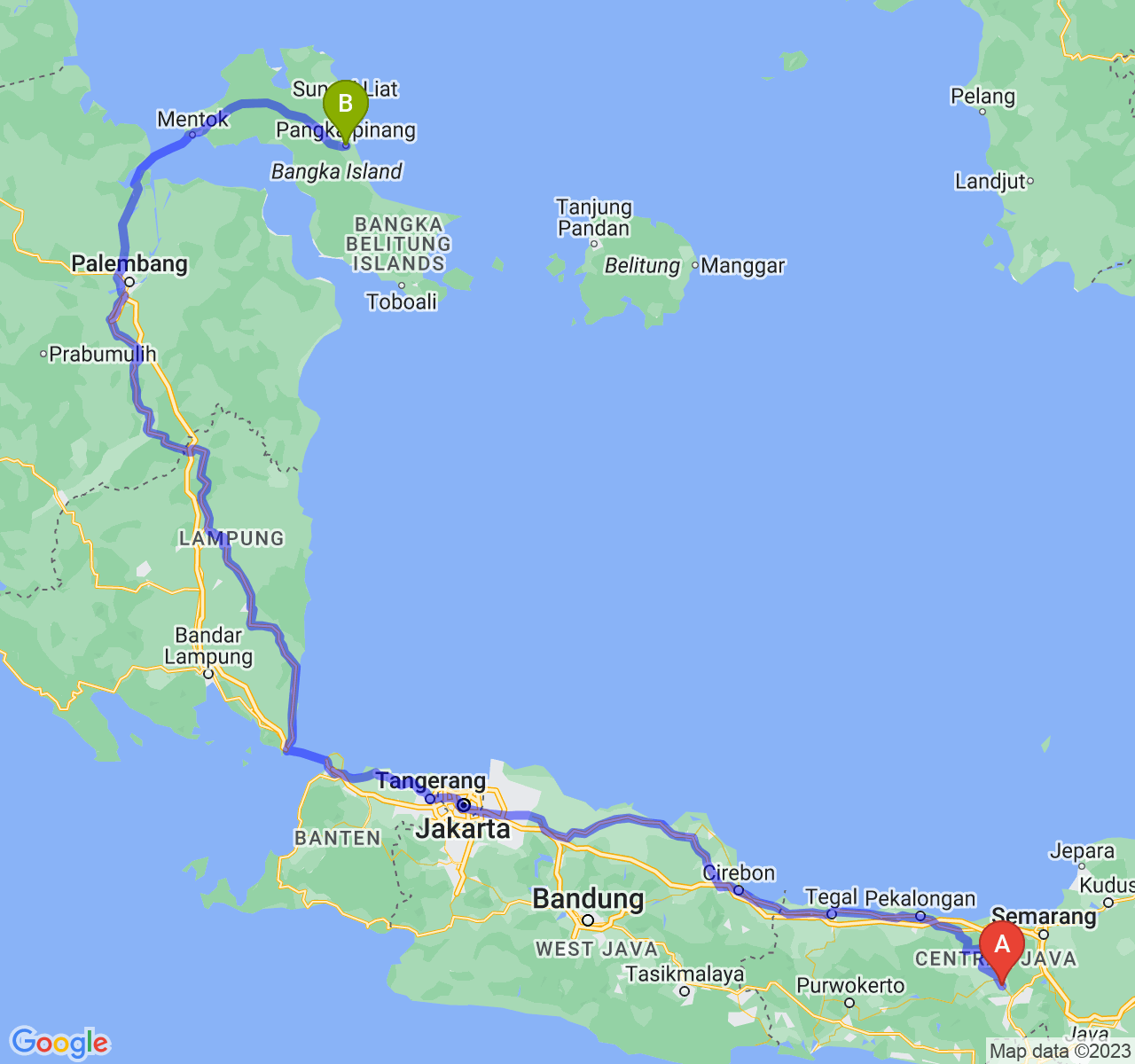 rute perjalanan Kab. Temanggung-Kota Pangkalpinang