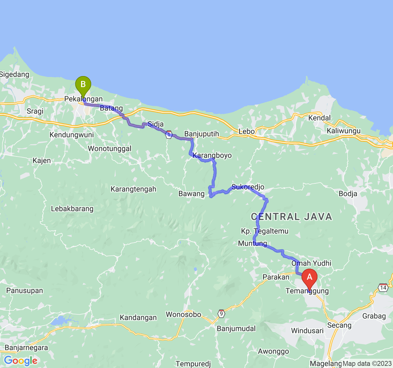 rute perjalanan Kab. Temanggung-Kota Pekalongan