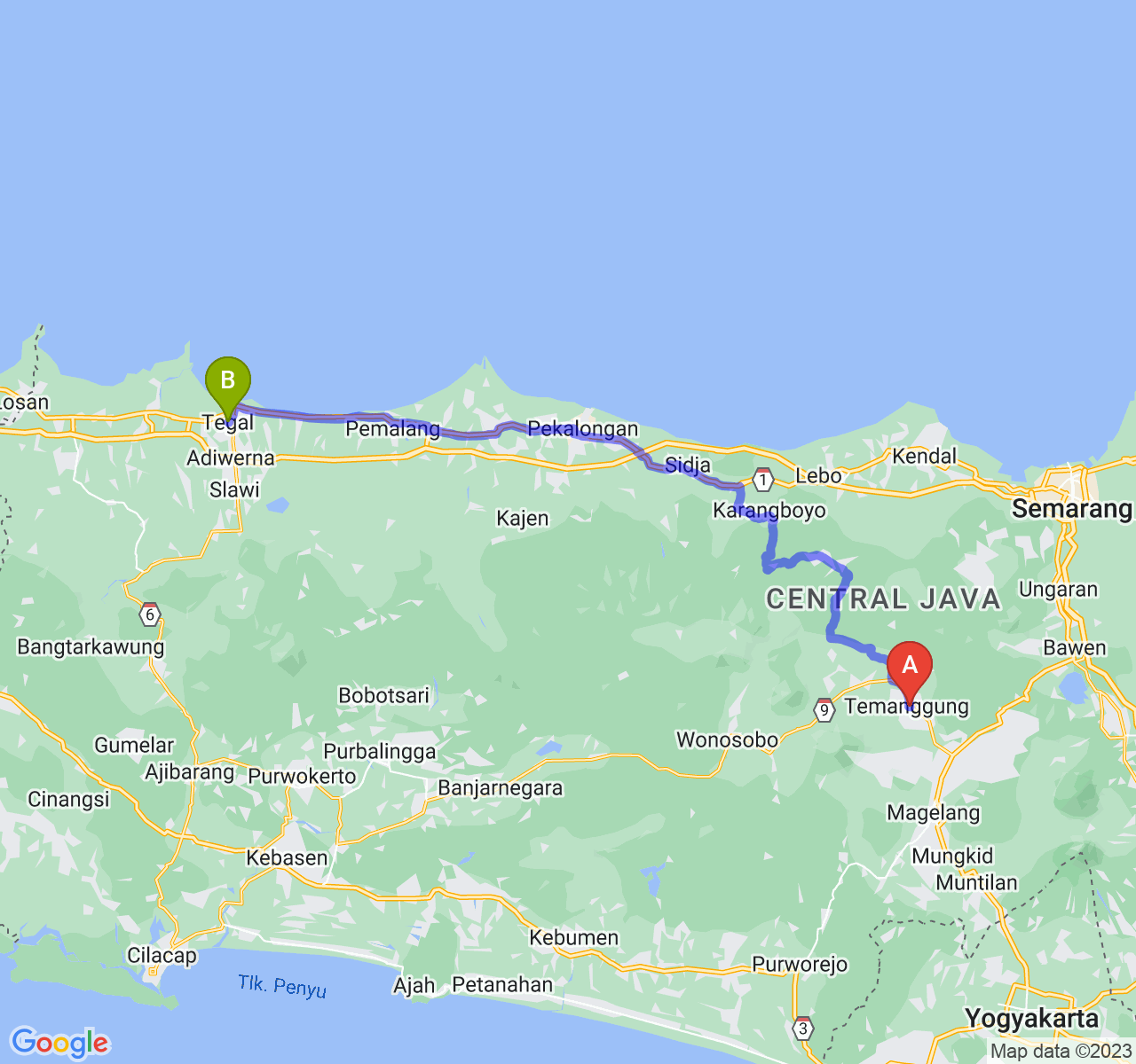 rute perjalanan Kab. Temanggung-Kota Tegal