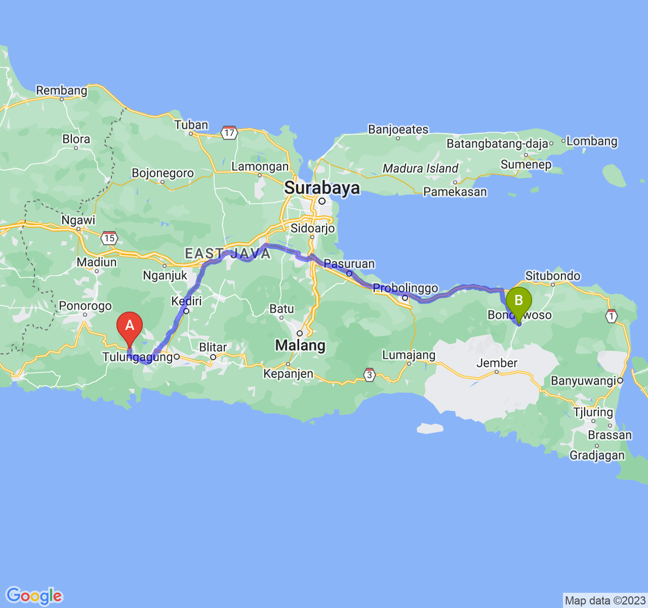 rute perjalanan Kab. Trenggalek-Kab. Bondowoso