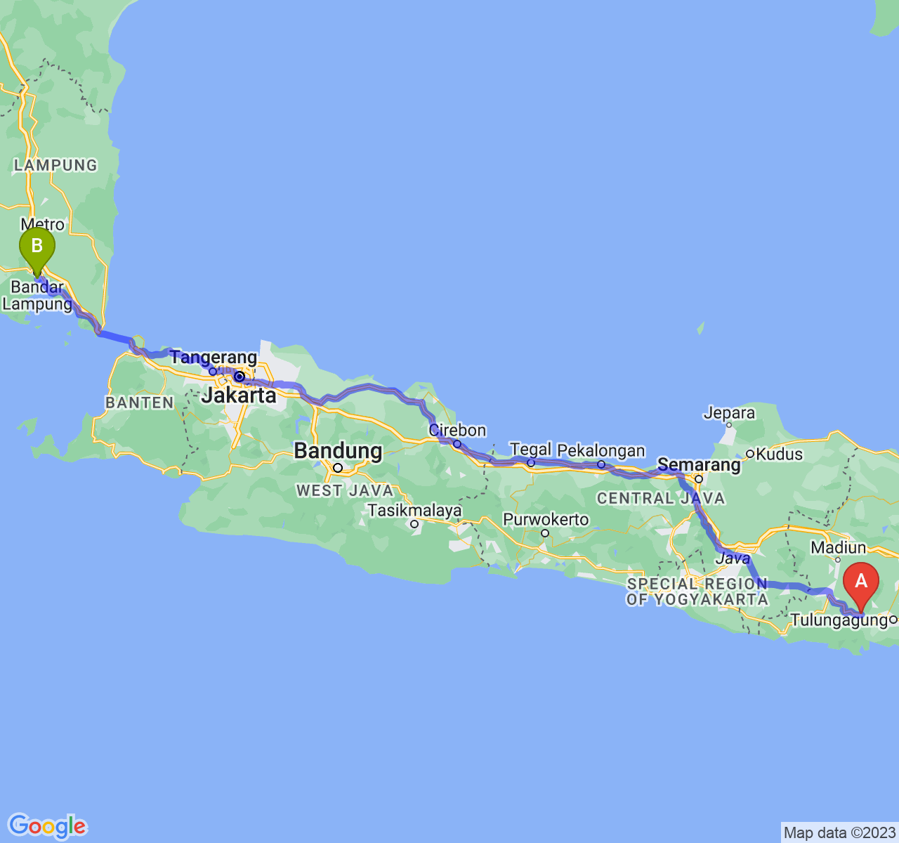 rute perjalanan Kab. Trenggalek-Kota Bandar Lampung