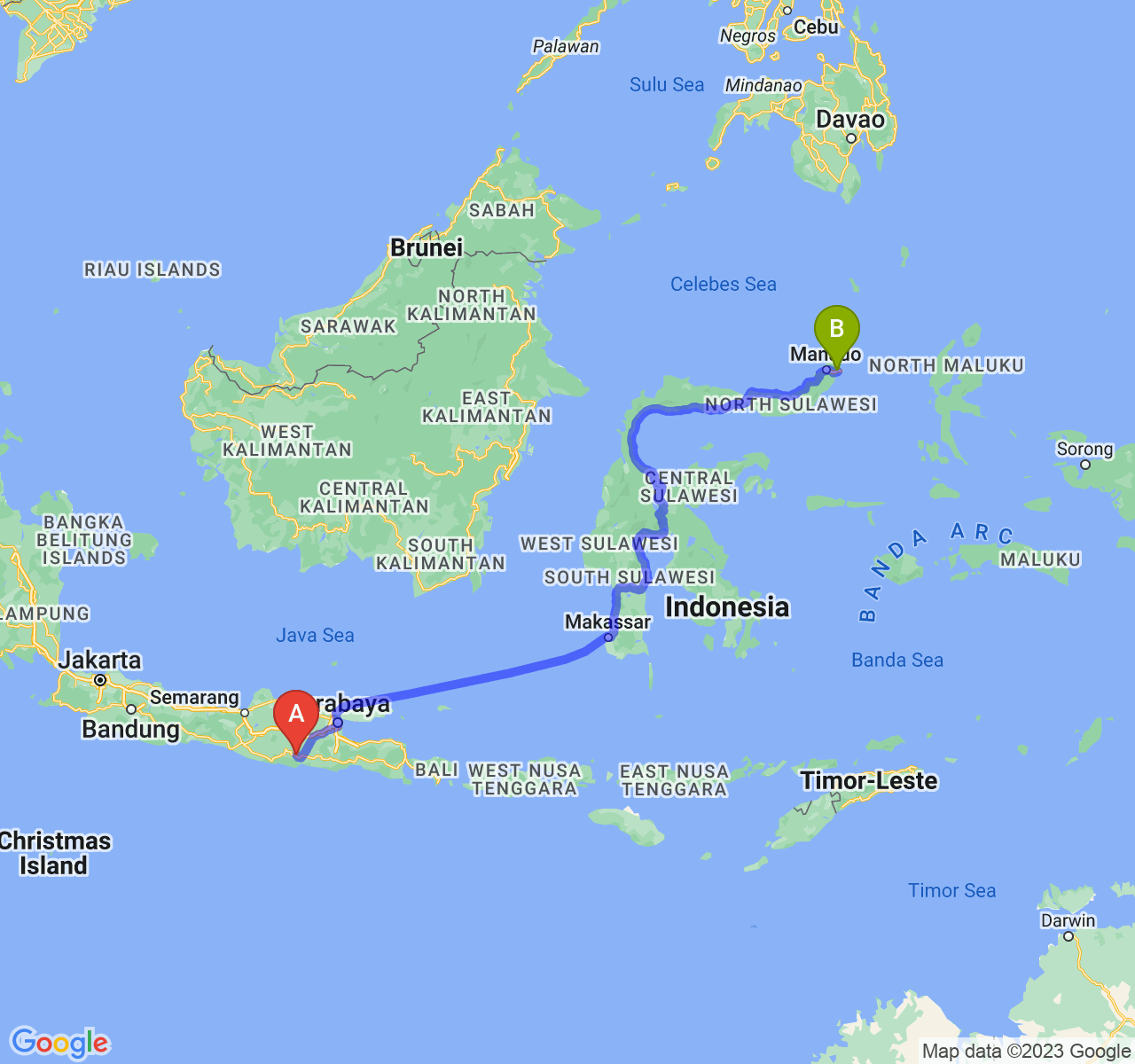 rute perjalanan Kab. Trenggalek-Kota Bitung