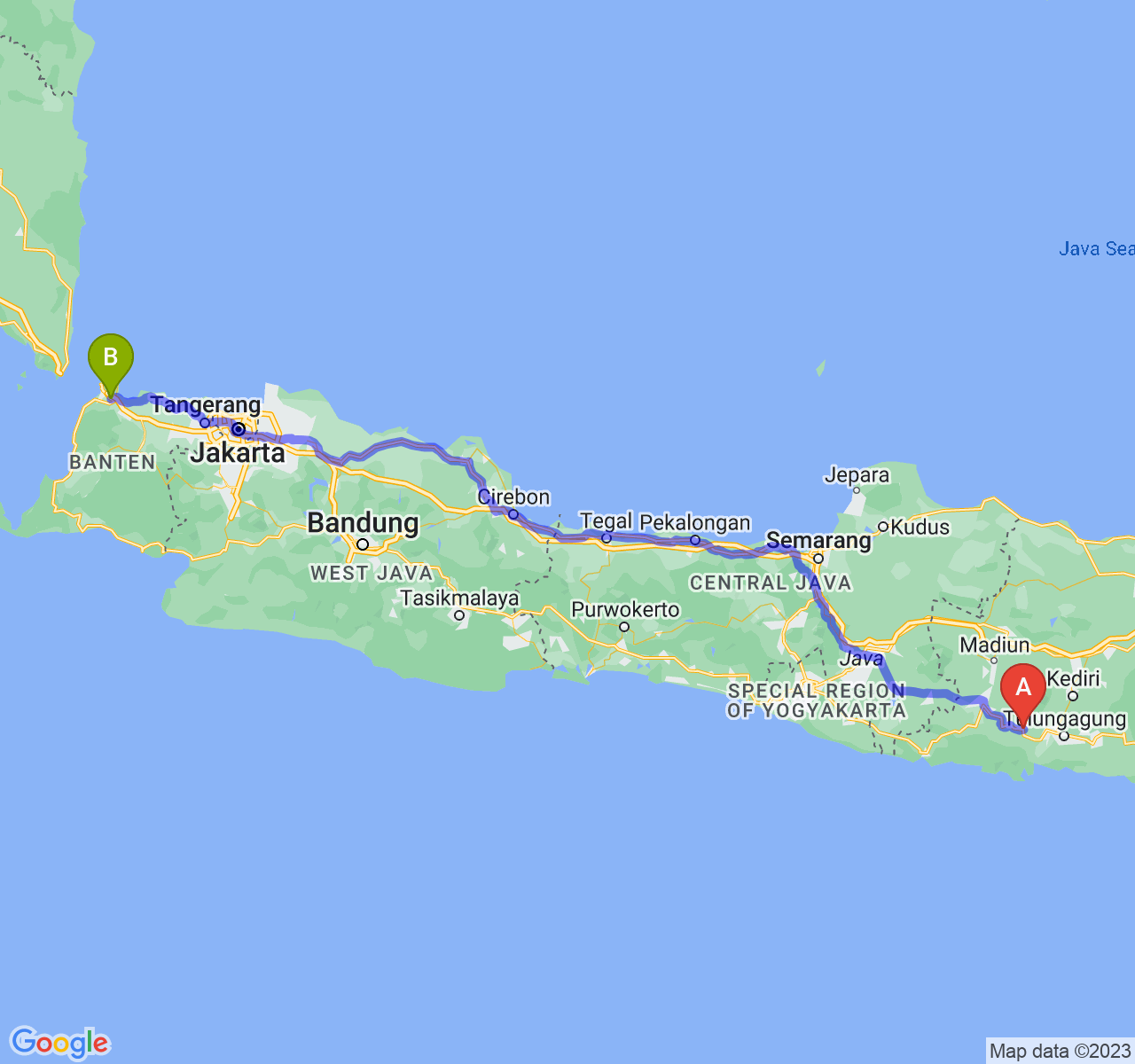 rute perjalanan Kab. Trenggalek-Kota Cilegon