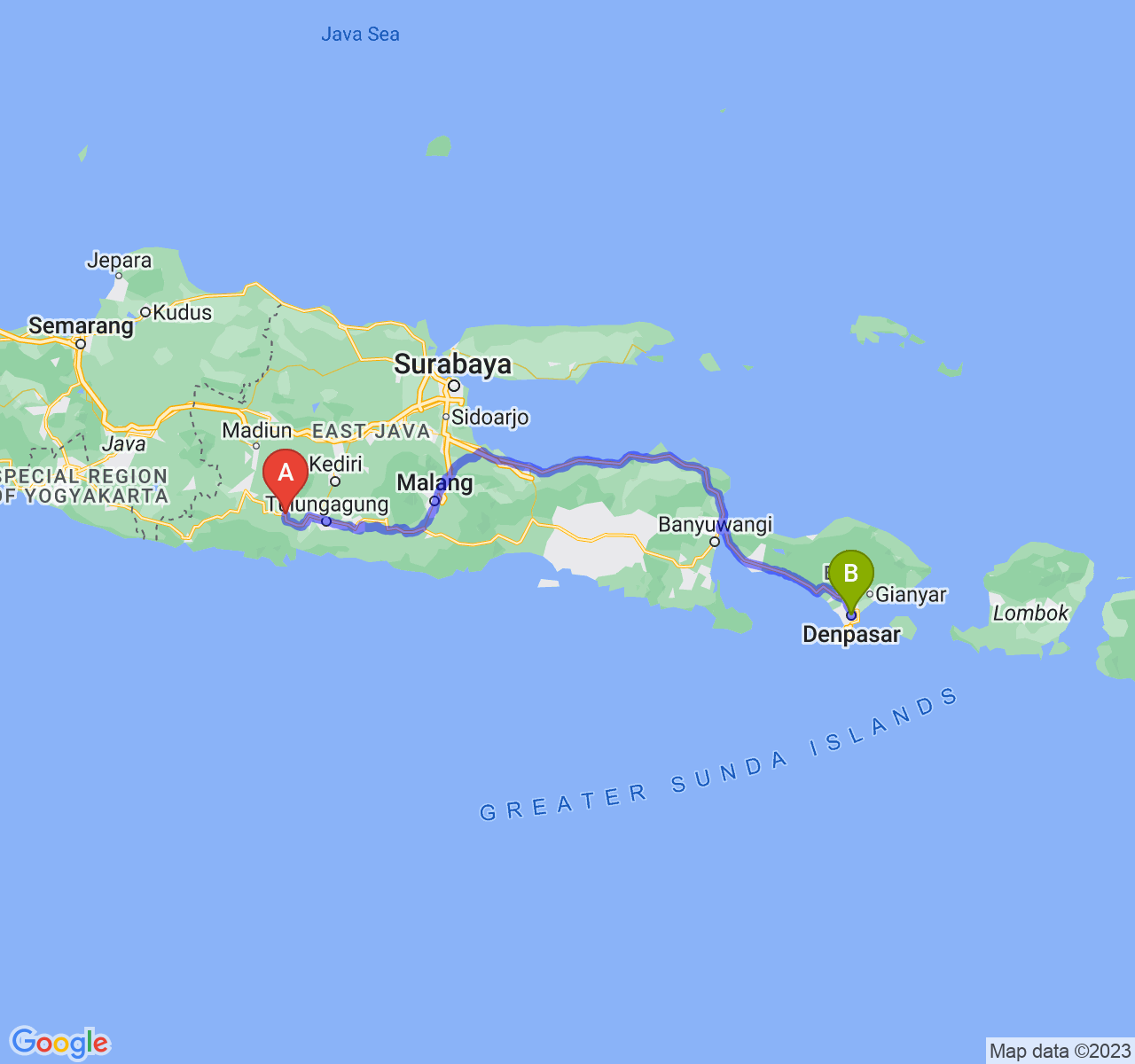 rute perjalanan Kab. Trenggalek-Kota Denpasar