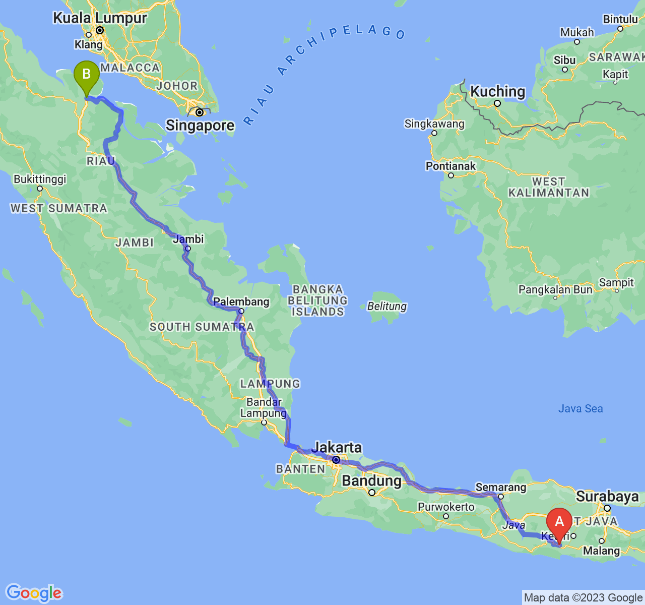 rute perjalanan Kab. Trenggalek-Kota Dumai