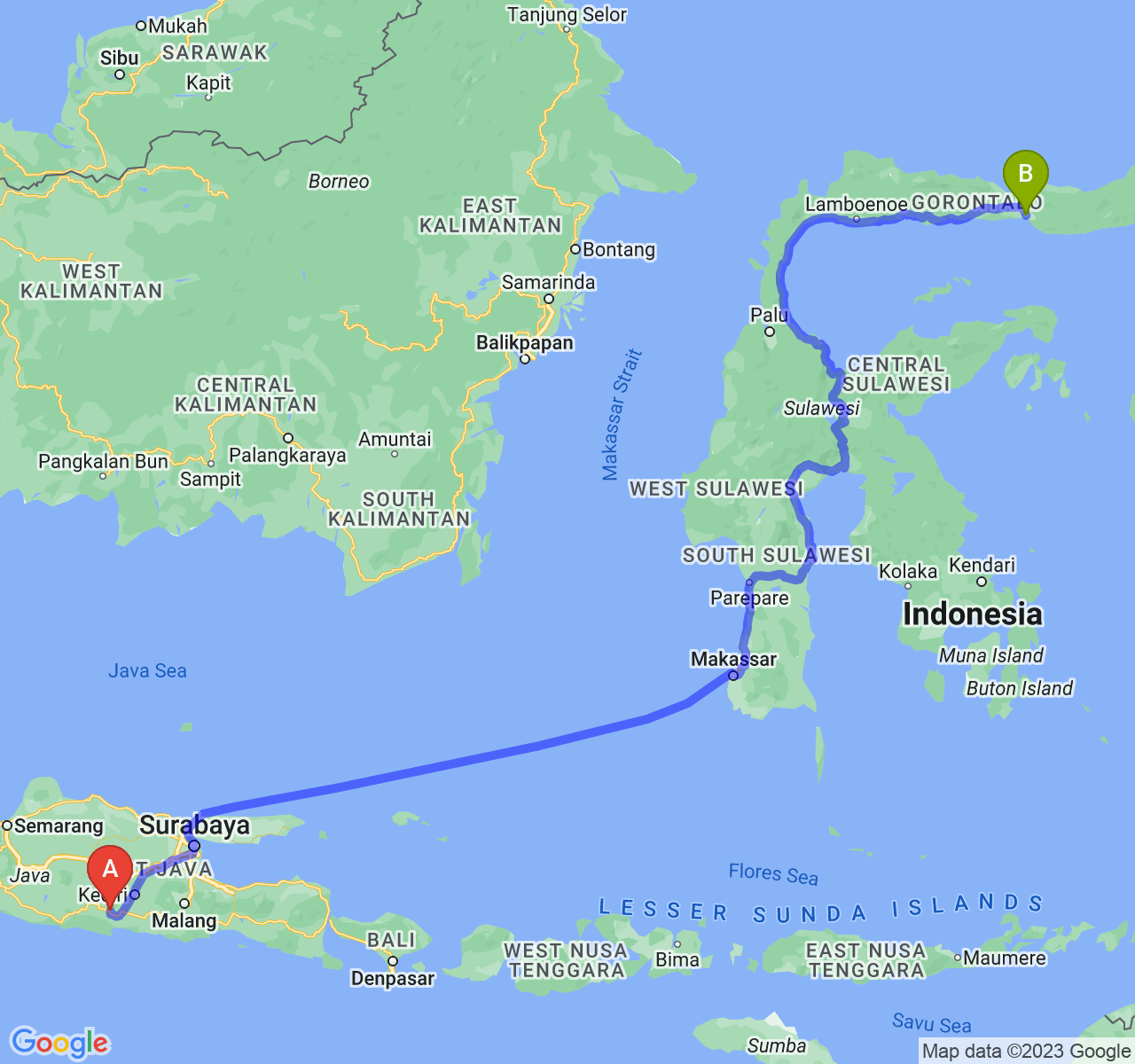 rute perjalanan Kab. Trenggalek-Kota Gorontalo